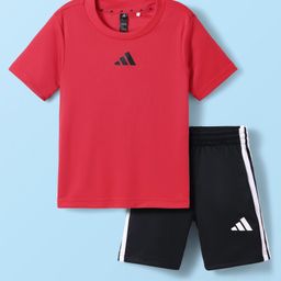 Adidas Kids Solid Colour T-Shirt & Bottomwear - Red & Black-image-97