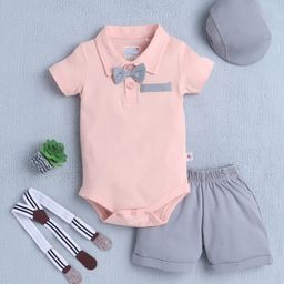 BUMZEE Cotton Knit Half Sleeves Solid Color Onesie & Shorts Set With Suspender & Cap - Peach & Grey-picture-2
