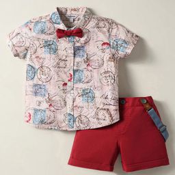 ToffyHouse Poplin Woven Half Sleeves Unicorn Printed Shirt & Shorts Set with Bow & Suspender - Brown & Blue-image-101