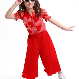 OLLINGTON ST. Woven Floral Printed Half Sleeves Top & Pleated Georgette Cullotes - Red-image-79
