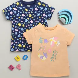 BUMZEE Cotton Pack Of 2 Half Sleeves Floral & Birds Printed Tees - Navy & Peach-picture-5
