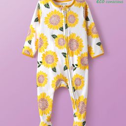 Babyoye 100% Cotton Interlock Knit Full Sleeves Sleepsuit With Floral Print - White-image-30