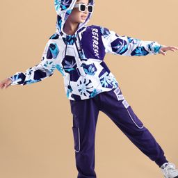OLLINGTON ST. Knit Full Sleeves Leaves Printed Hoodie Sweatshirt & Knit Joggers Set - Multicolor & Purple-picture-0
