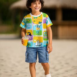 OLLINGTON ST. Cotton Half Sleeves Printed T-Shirt & Stretchable Denim Shorts Set - Yellow & Blue-image-69