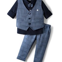 Mini Taurus Sinker Knit Full Sleeves Printed 3 Piece Party Suit With Bow Applique - Grey-picture-15