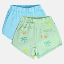 MINI KLUB Cotton Knit Pack Of 2 Solid & Palm Trees Printed Shorts - Blue & Green-picture-18