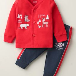 CUCUMBER Sinker Knit Full Sleeves Front Open T-Shirt & Jogger with Animal Print - Red & Navy Blue-image-4