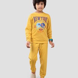 Plum Tree 100% Cotton Knit Full Sleeves New York Champions Text Printed Tee With Joggers Set - Yellow-image-8