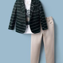 Dapper Dudes Full Sleeves Striped Blazer With Typography Printed Tee & Pant Set - Dark Green-picture-38