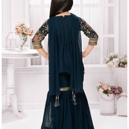 Tiny Kingdom Georgette Three Fourth Sleeves Floral Embroidered Sequins Embellished Kurta Gharara With Dupatta Set - Blue image 3