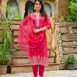 DISHWA FASHION Women Ethnic Motifs Embroidered Regular Thread Work Kurta with Trousers & With Dupatta-picture-29
