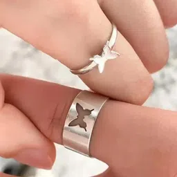 Zoey Unisex Set Of 2 Silver-Plated Stainless Steel Butterfly Shaped Couple Finger Rings-13