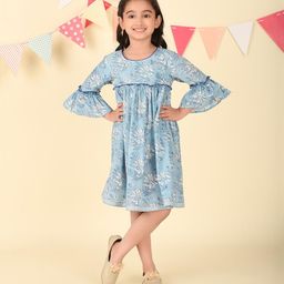 Fabindia Girls Floral Printed Bell Sleeve Cotton Empire Dress-image-54