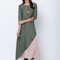 Vishudh Women Beige & Olive Green Embroidered Asymmetric Hemline A-Line Kurta-image-44