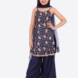 CUTECUMBER Girls Navy Blue Embroidered Kurta with Palazzos & Dupatta-picture-56
