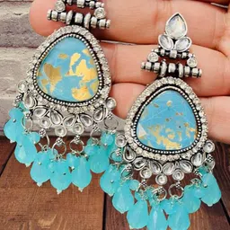 OPUS GEMS Artificial Stones Studded And Beaded Oxidised Teardrop Shaped Drop Earrings-picture-28