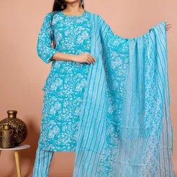 Rudra Bazaar Floral Printed Round Neck Pure Cotton Straight Kurta With Trousers & Dupatta-image-70