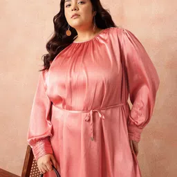 all about you Plus Size Puff Sleeve Satin Finish A-Line Party Dress with Tir-up Detail-image-6