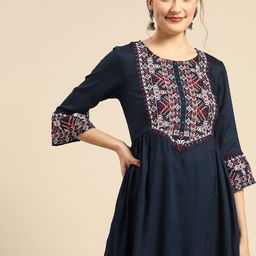 Sangria Women Navy Blue Ethnic Motifs Embroidered Pleated Mirror Work Kurta with Palazzos-picture-18