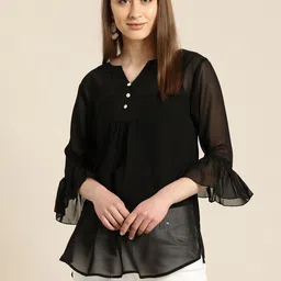 Qurvii Plus Size Women Black Semi-Sheer Solid Top-0