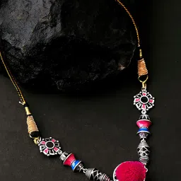 Voylla Blue & Pink Silver-Plated Brass Enamelled Choker Necklace-4