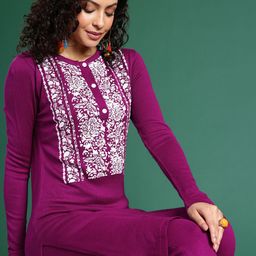 Sangria Floral Printed Band Collar Kurta with Trousers-image-55