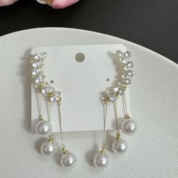 KRENOZ Gold-Plated American Diamond Studded & Pearls Beaded Tasselled Korean Drop Earrings-2