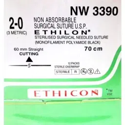 Ethicon 70 cm 2-0 USP Black Ethilon Black Monofilament Suture NW3390 Pack of 12 Pcs-34