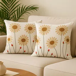 MFD HOME FURNISHING Cream-Coloured Set of 2 Floral Square Cushion Covers-picture-47