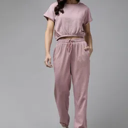 Roadster Women Mauve Solid Cropped Blouson Top with Relaxed Joggers-image-60