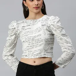 SHOWOFF Typography Printed Round Neck Three-Quarter Puff Sleeves Crop Top-image-76