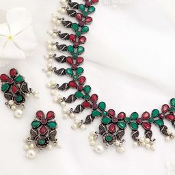 TEEJH Oxidised Maroon & Green Silver-Plated Stone-Studded & Beaded Jewellery Set-89