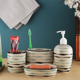 VarEesha Off-White & Sea-Green Striped Mugdha Ceramic Four Piece Bathroom Accessories Set-4