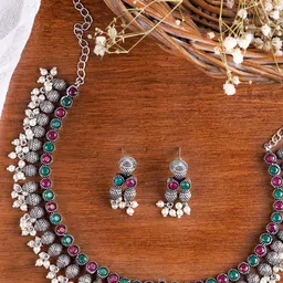 TEEJH Oxidised Silver-Plated Pink & Green Stone-Studded & Beaded Jewellery Set-38