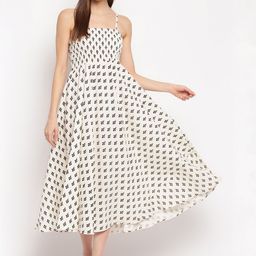 Aawari Women White & Black Printed Fit and Flare Dress-image-38