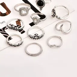 Jewels Galaxy Women Set Of 11 Silver-Plated Stone-Studded Adjustable Finger Ring-24