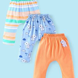 Babyhug Cotton Knit Full Length Diaper Pants Elephant Print Pack of 3 - Blue & Orange-image-90