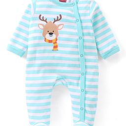 Babyhug Cotton Full Sleeves Striped Footed Winter Wear Sleep Suit with Stag Print - Blue-image-5