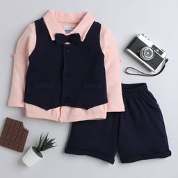 BUMZEE Full Sleeves Solid 3 Piece Shirt Waistcoat & Short Set - Navy Blue & Peach-image-41