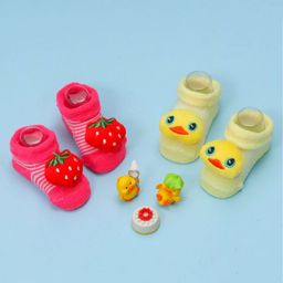 Yellow Bee Pack Of 2 Strawberry & Duck Applique Detailed Socks - Yellow Pink  Red-image-52