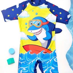 Yellow Bee Half Sleeves Shark Printed Swimsuit -  Yellow And Blue-image-57