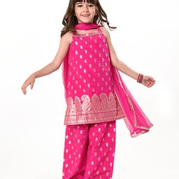 Babyhug Woven Sleeveless Brocade Kurti Palazzo & Dupatta Set Kolka Print - Fuschia-image-90