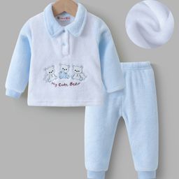 Kookie Kids Full Sleeves Winter Wear T-Shirt & Lounge Pant Set with Bear Patch - Light Blue-picture-38
