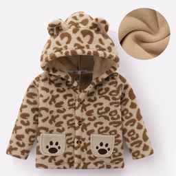 Kookie Kids Full Sleeves Hooded Fur Winter Jacket with Cheetah Print Design & Ears Applique - Beige-image-62
