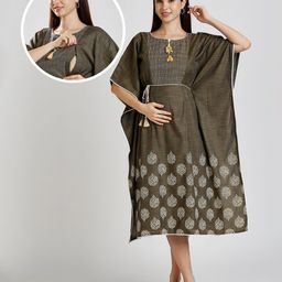 Dummy Shape Three Fourth Sleeves Abstract Embroidered Stretchable Maternity Kaftan Kurta With Attached Dori Belt & Concealed Zipper Nursing Access - Dark Grey-picture-8