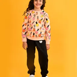 Anthrilo Fleece Full Sleeves Nail Paint Printed Comfirt Fit Sweatshirt With Joggers Set - Peach & Black-picture-30
