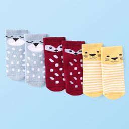 Cute Walk by Babyhug Terry Knit Ankle Length Antibacterial Striped Socks with Polka Dots & Animal Design Pack of 3 - Light Blue Yellow & Red-image-12