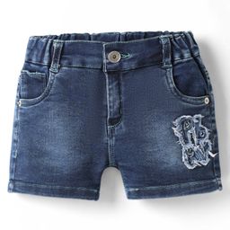 Olio Kids Denim Knit Above Knee Length Shorts with Play Text Patch - Navy Blue-image-47