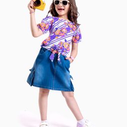 Ollington St. 100% Cotton Half Sleeves Floral Printed Top & Stretchable Denim Skirt Set - White Purple & Blue-image-24