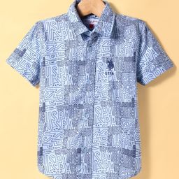 US Polo Assn Cotton Woven Half Sleeves Text Printed Shirt - Blue-image-44